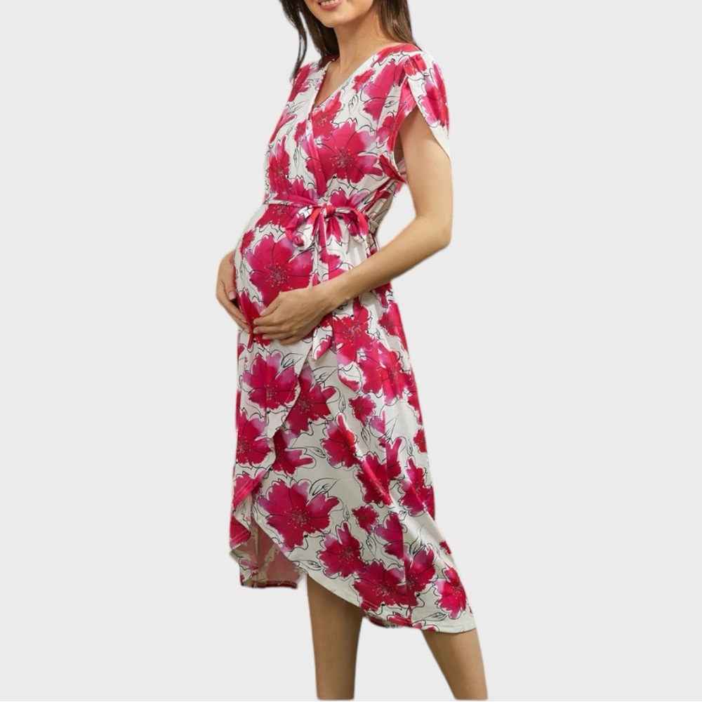 Maternity Nursing Pink Floral Faux Wrap Dress Size